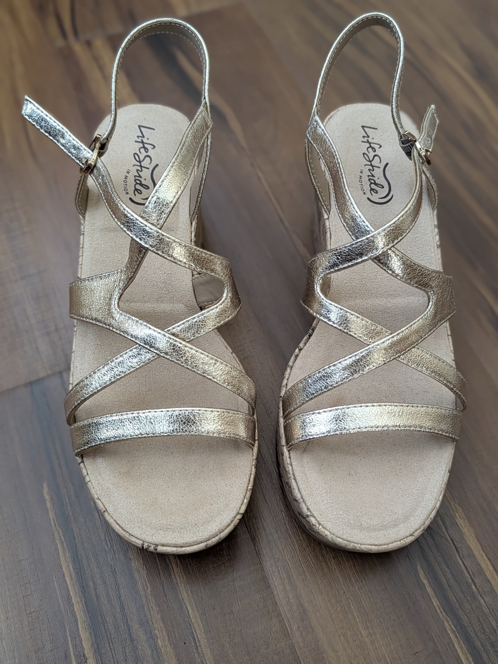 Life Stride Gold Strappy Wedge Sandals
